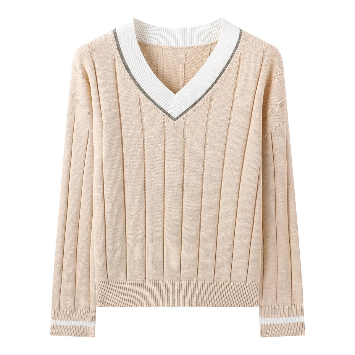 BY4521246 Women's V-Neck Long Sleeve Ribbed Sweater 100% Cotton Casual Knitted Pullover Fall Fashion 2025